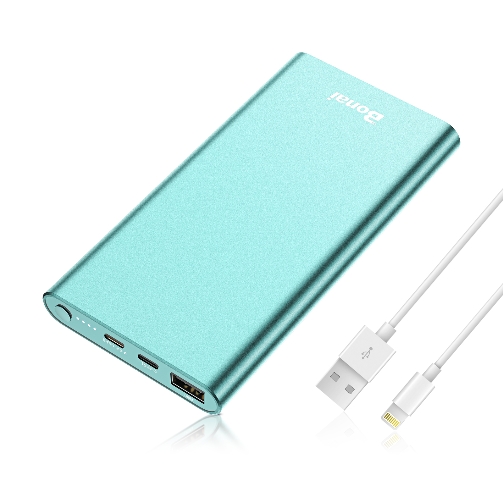 Portable Charger iPhone, BONAI Portable Charger 12000mAh Power Bank Airplane Safe USB C High Speed 3.0A in/Out Compatible with iPhone 13/12, Samsung, iPad - Mint (8 Pin Charging Cable Included) 