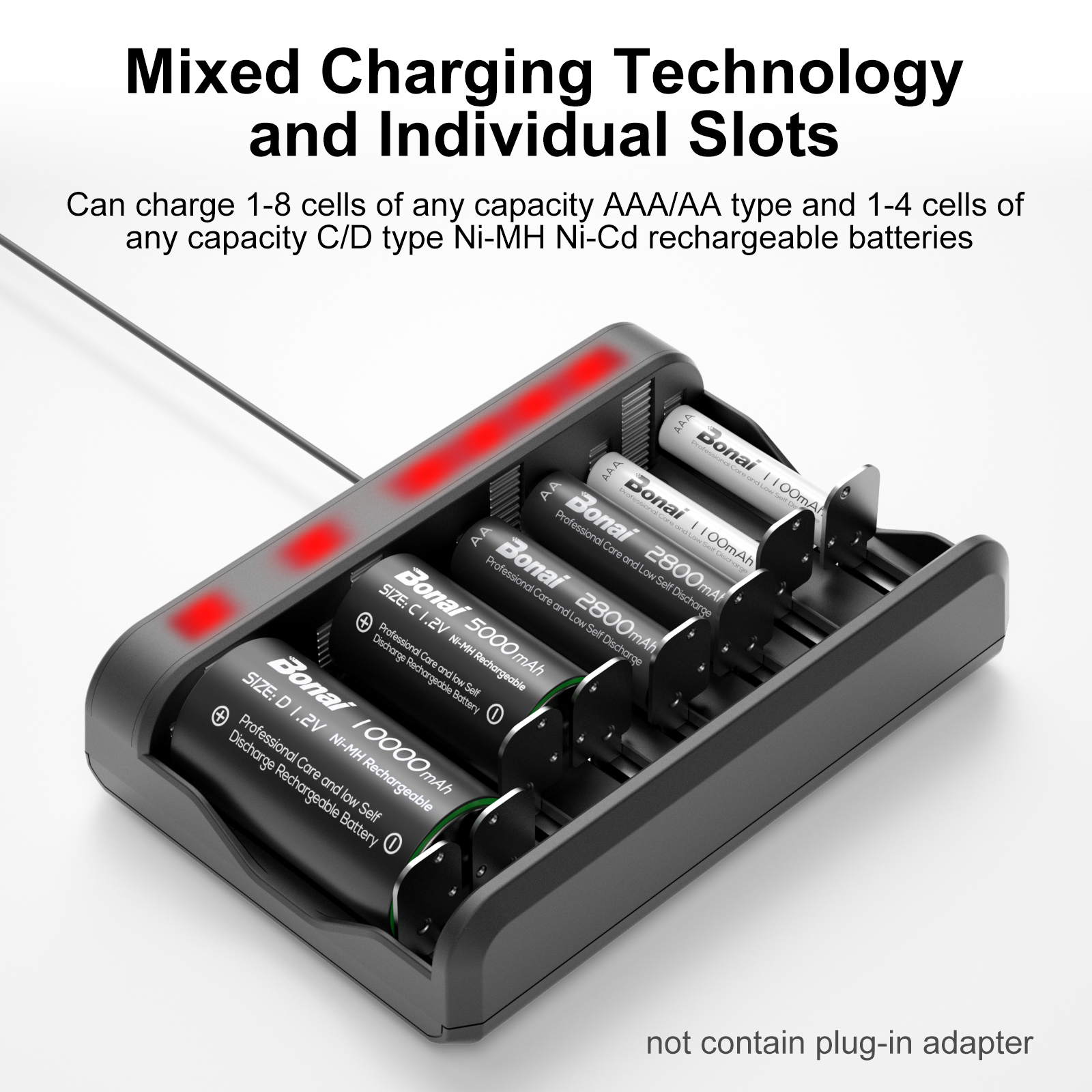 BONAI Rechargeable D Batteries w/ LCD Smart Battery Charger for
