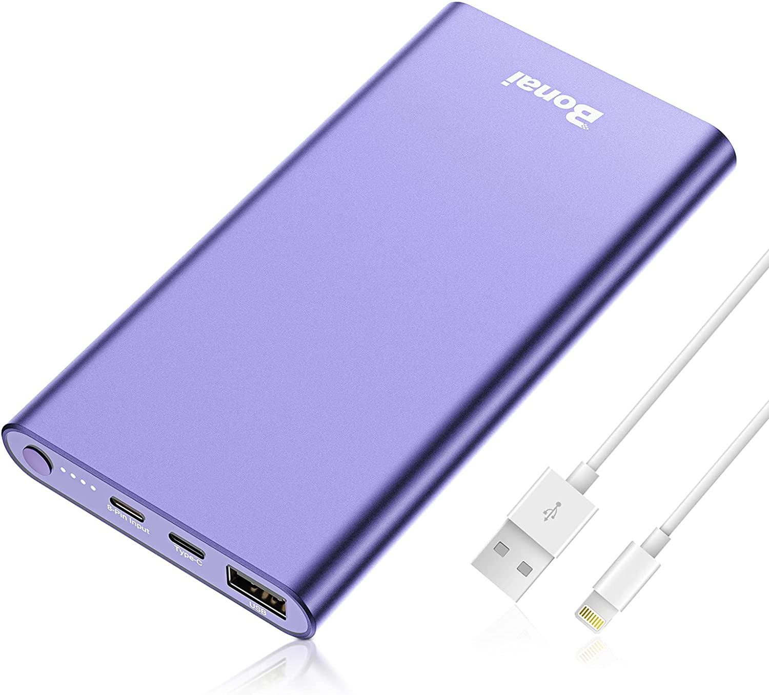 BONAI Portable Charger 12000mAh, Power Bank for Heated Vest USB C Input/Output High Speed 3.0A for iPhone 14 13 12 11 X iPad Samsung - Purple (8-Pin Charging Cable Included)