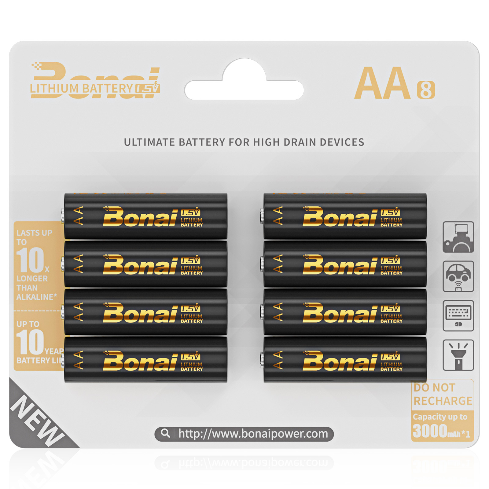 BONAI Lithium Batteries AA, 1.5V 3000mAh Longest Lasting Double A Battery - Ultimate Power for High Drain Devices, Non-Rechargeable (8 Pack)